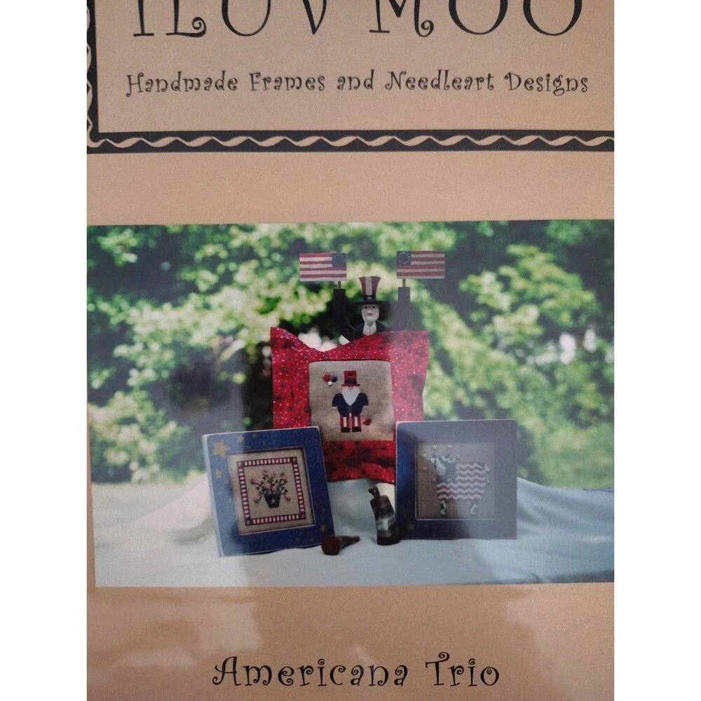 ILUVMOO Americana Trio Cross Stitch Pattern OOP Primitive Folk Art Sam Americow